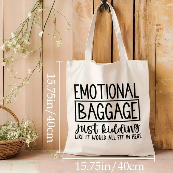 {NEW} Canvas Tote Bag with Fun "Emotional Baggage" Print  Beige - Picture 3 of 4